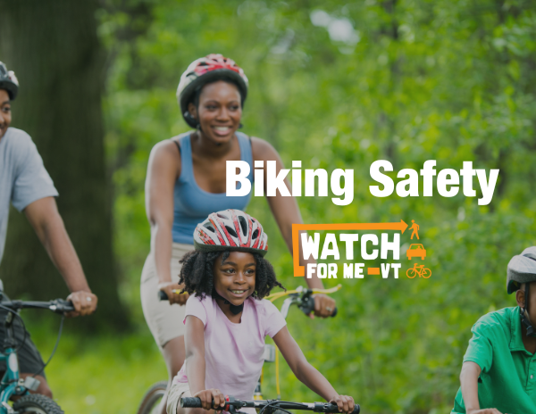Family of dark skinned people biking. Text reads Biking Safety.