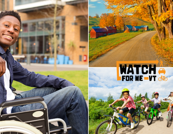Dark skinned youth in wheelchair, multi-racial children on bikes, vermont road in fall